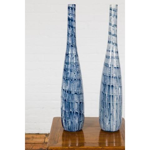 Slender Blue Vase with Spiralling and Dripping Décor, Two Sold Each For Sale - Image 9 of 12