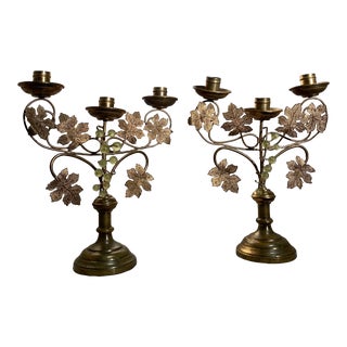 Vintage Brass Grape Leaf Candelabras - a Pair For Sale