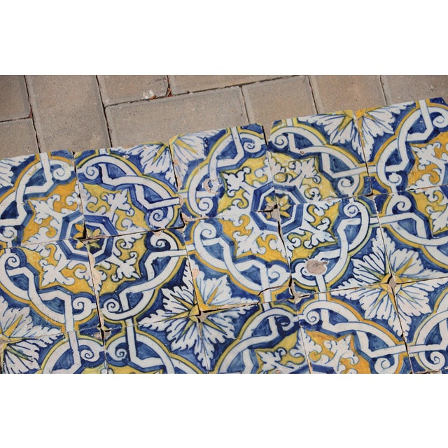 17th Century Portuguese Antique Tiles Set of 40 Blue, Yellow & White Geometric Floral For Sale - Image 15 of 18