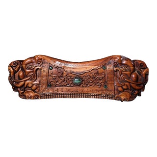 Vintage Chinese Boxwood Carved Beast Head Pillow With Gem Inlay - 750g For Sale