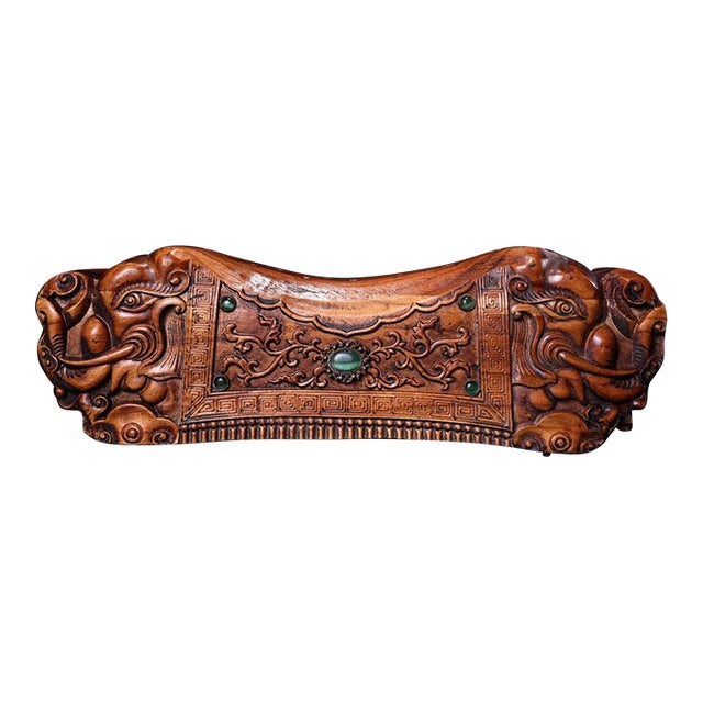 Vintage Chinese Boxwood Carved Beast Head Pillow With Gem Inlay - 750g For Sale