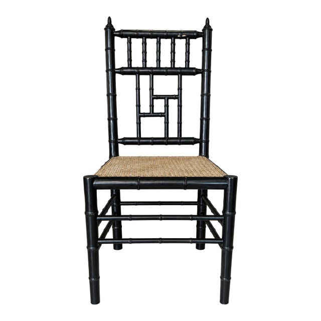 Late 20th Century Black Faux Bamboo Chinoiserie Cane Accent Chair For Sale
