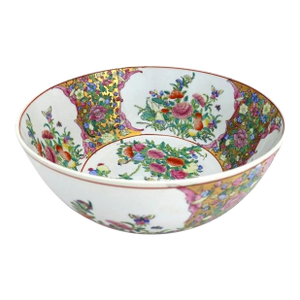 Oversized Chinese Rose Medallion Punch Bowl Flower Garden & Butterflies C1930