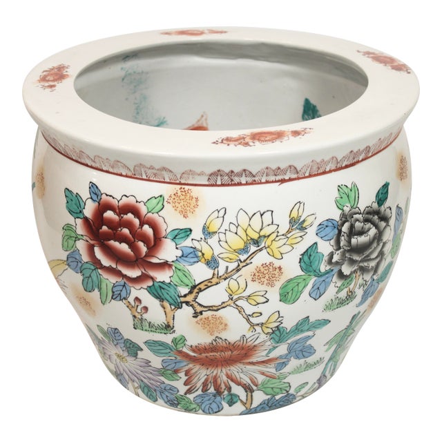 Mid 20th Century Chinese White Flora Fauna Koi Fish Ceramic Planter For Sale