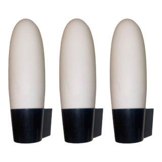 1950's Wagenfeld Style Milky Glass Sconces With Black Base - Set of 3 For Sale