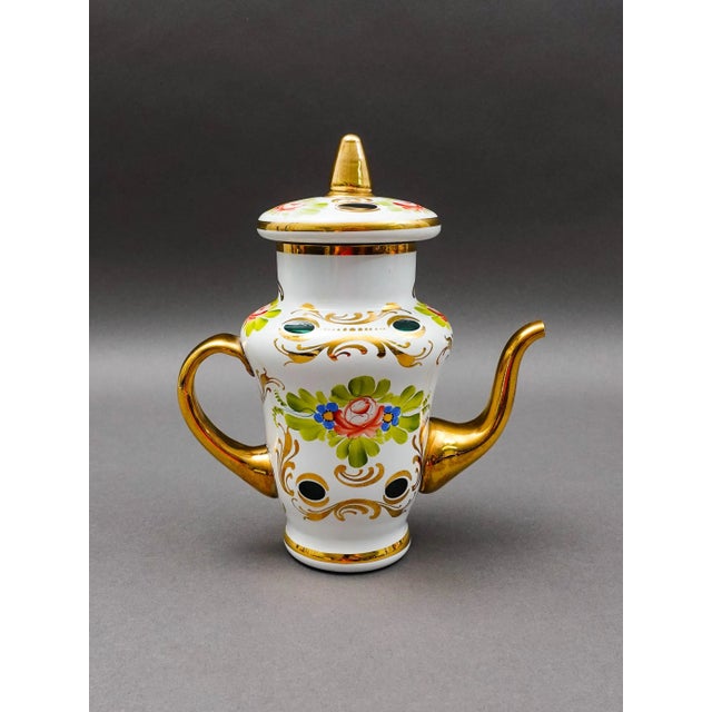 Mid 20th Century Bohemian Czech White Cut to Green Cased Gold Gilt Hand Painted Floral Teapot For Sale - Image 4 of 10
