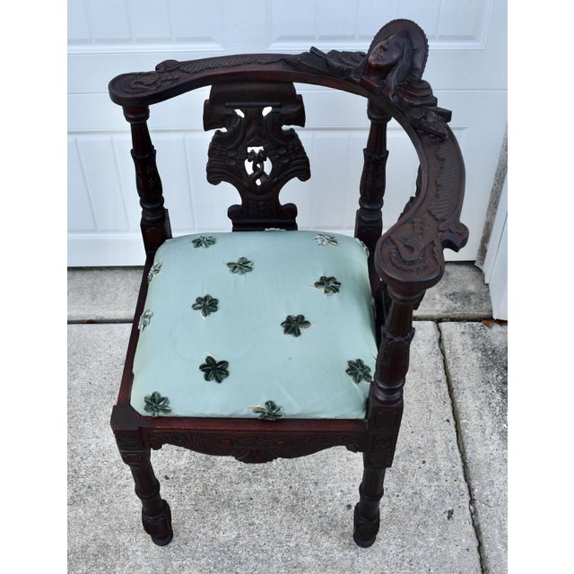 Carved Mahogany Corner Chair Vintage Renaissance Style Figural Face Upholstered For Sale - Image 12 of 17