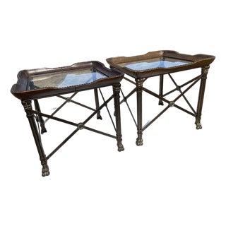 Vintage Attributed to Matiland Smith Nail Head Leather and Glass End Side Tables À Pair For Sale