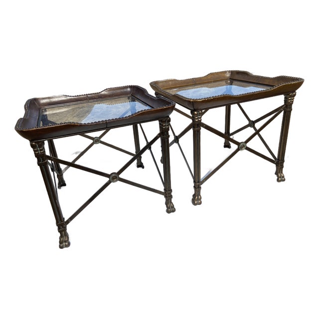 Vintage Attributed to Matiland Smith Nail Head Leather and Glass End Side Tables À Pair For Sale