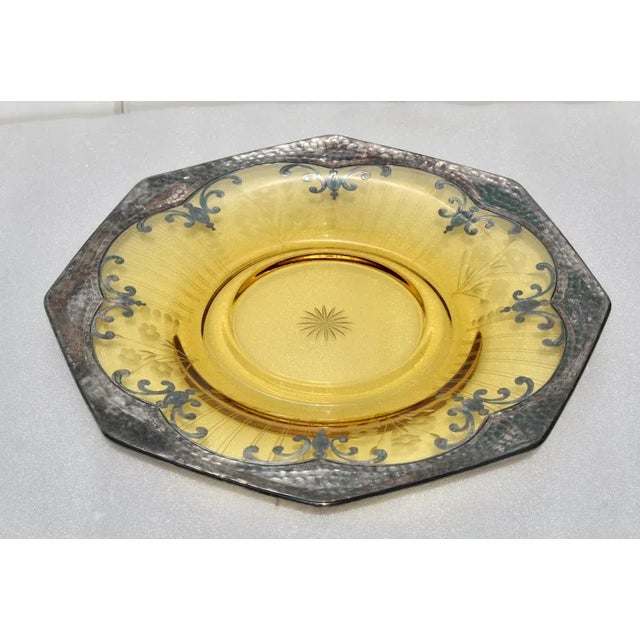 Antique Shaped Amber Etched & Cut Glass Decorative Plate W/Silver Overlay For Sale - Image 4 of 13