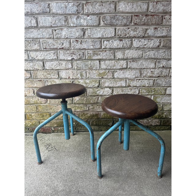Pair of Early 20th Century Metal Industrial Stools With Wooden Tops For Sale In New York - Image 6 of 12