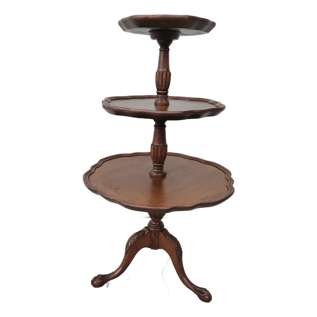 Antique Edwardian Three-Tiered Claw-Footed Serving Walnut Table With Scalloped Edges For Sale
