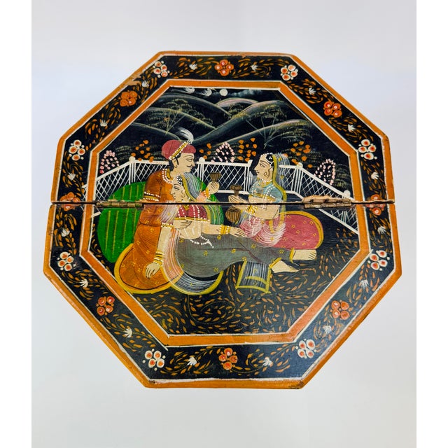 Vintage Indian Mughal Style Hand Painted Octagonal Dowry Box For Sale - Image 9 of 15
