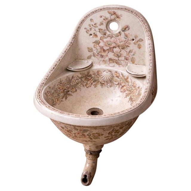 Antique French Romantic Floral Ceramic Wall Sink, 1900 For Sale - Image 9 of 9