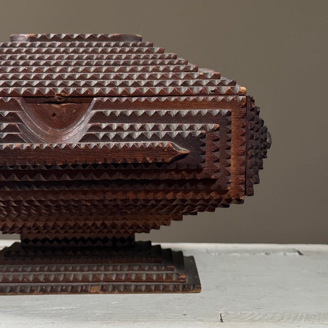 Antique Folk Art Tramp Art Box on Pedestal Base With Red Velvet Lining For Sale - Image 9 of 10