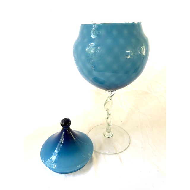 Fabulous large art bowl with pedestal base. This beautiful mid century art glass in cerulean ombre blue it is 18” tall...