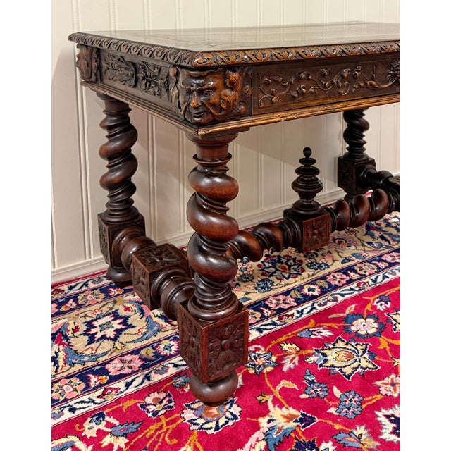 Antique French Henri II Style Writing Desk Barley Twist Carved Walnut 19th C For Sale - Image 12 of 18