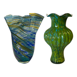 Murano Blue Yellow Green Art Glass Vase Swirls Oval Patterns- A Pair
