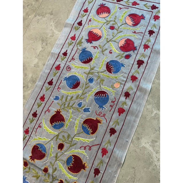 Textile Ivory Silk Suzani Table Runner With Pomegranates For Sale - Image 7 of 8