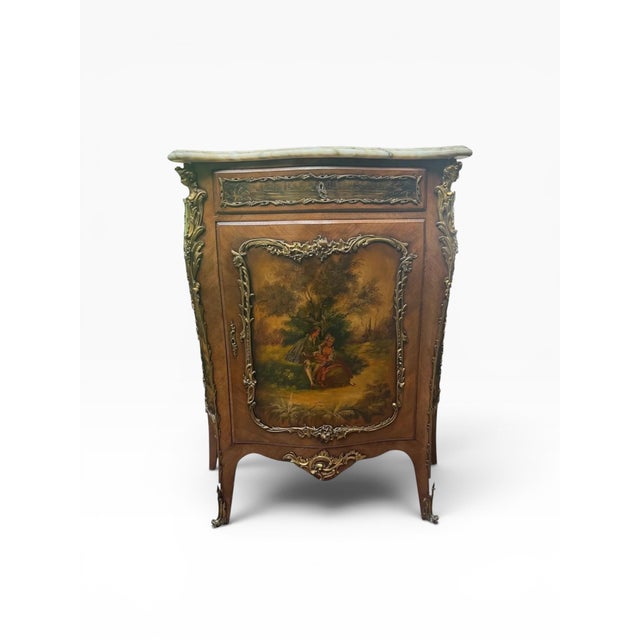 Early 20th Century French Louis XV Style Bombe Cabinet With Shaped Marble Top and Vernis Martin Style Painted Panels For Sale - Image 11 of 14