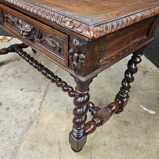 19th Century Carved Oak Barley Twist 2 Drawer Side Table For Sale - Image 14 of 14