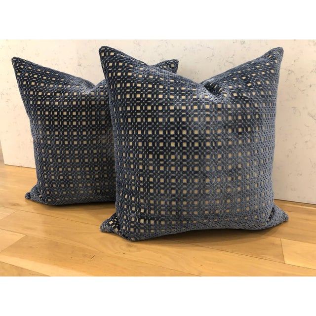 Two beautiful knife-edge pillows custom made in Aerin Collection for Lee Jofa Shoridge fabric in the Lapis blue colorway....