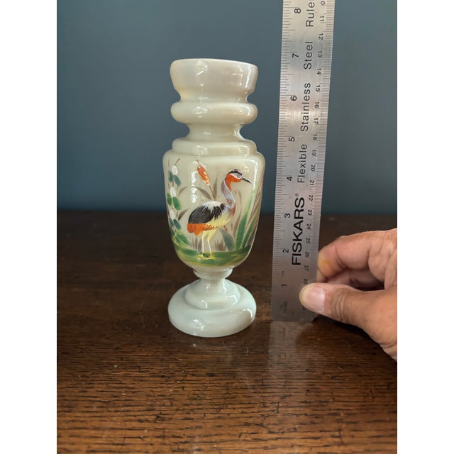 Antique Victorian Bristol opaline glass vase with hand painted heron from the late 1800’s. No visible chips, cracks, or...