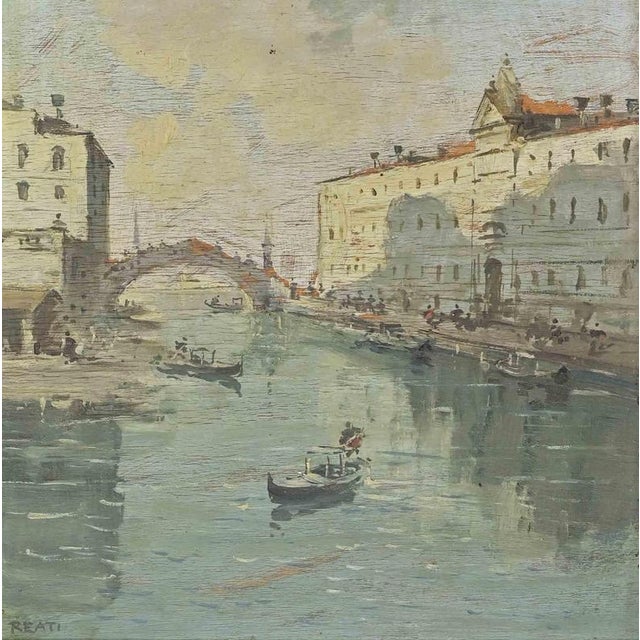 Oil on panel, realized in 1860s. A luminous and atmospheric Venetian veduta by Alessandro Reati, this elegant composition...