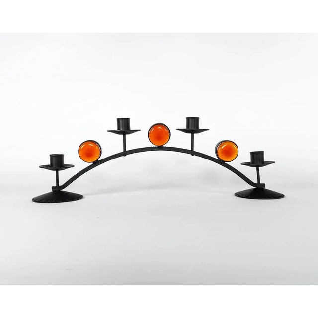 1960s Swedish Wrought Iron and Orange Glass Candleholder by Lindshammar, 1970s For Sale - Image 5 of 5