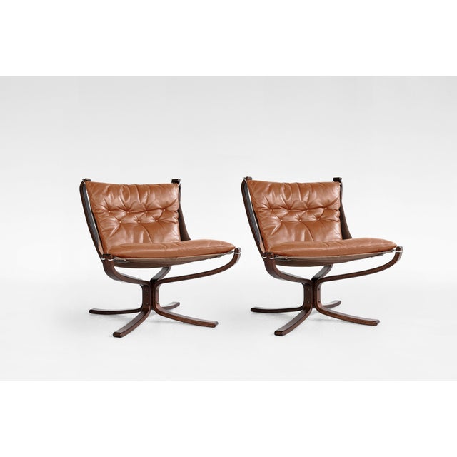 Brown Vintage Falcon Chairs in Cognac Leather and Plywood by Sigurd Ressell for Vatne Møbler, 1970s, Set of 2 For Sale - Image 8 of 8
