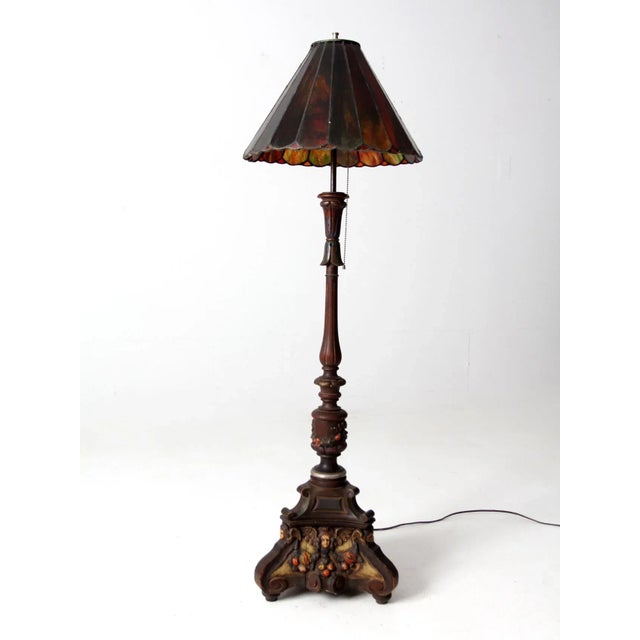 Late 19th Century Antique Carved Wood Floor Lamp With Glass Shade For Sale - Image 5 of 11