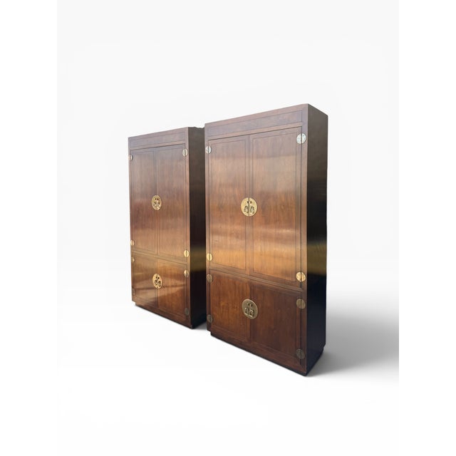 Late 20th Century Pair of Henredon Scene One Campaign Walnut Armoires With Brass Hardware For Sale In Boston - Image 6 of 15