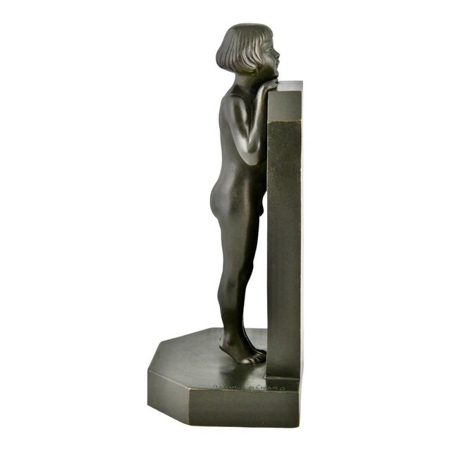 Brown Art Deco Bronze Bookends with Children by Raoul Benard, 1930, Set of 2 For Sale - Image 8 of 12