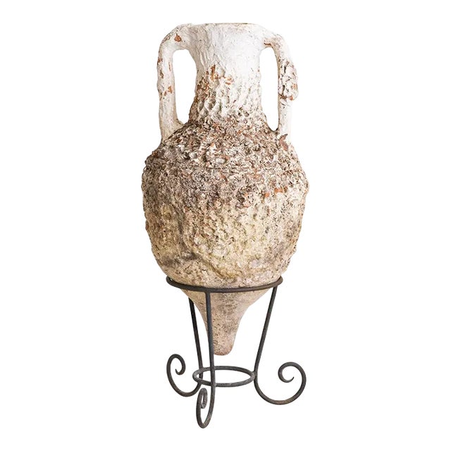 Antique Italian Earthenware Vessel on Iron Stand For Sale