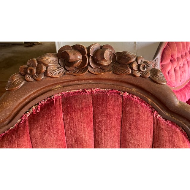 Mid 20th Century Mid 20th Century Victorian Style Parlor Set — Sofa & Gentleman's Chair | Carved Walnut Frames | Reupholstery Project For Sale - Image 5 of 10