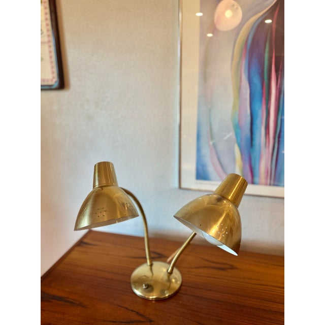 Vintage Double Gooseneck Brass Desk Lamp With Perforated Shades and 3 Way Lighting, Circa 1960s For Sale - Image 10 of 12