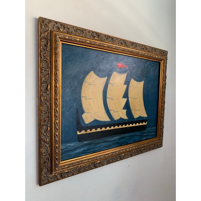 This richly layered maritime painting features a black vessel set against a deep navy sky, with water rendered in varying...