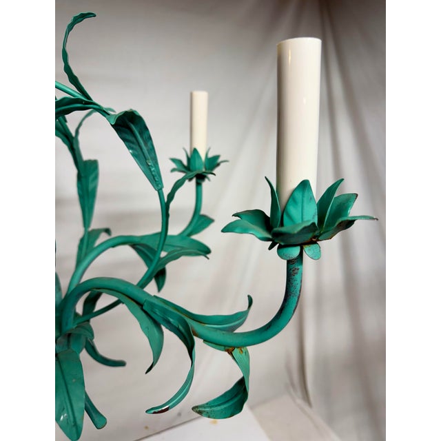 Verdigris Vintage 1970s Italian Tole Chandelier With Verdigris Finish, Five Arms For Sale - Image 8 of 12