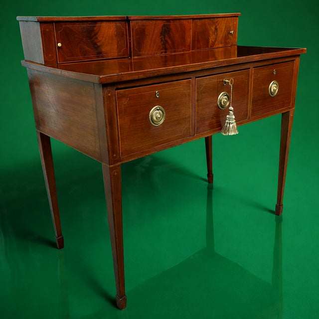 English George III Sheraton Period Inlaid Mahogany Sideboard With Original Removable Stage Back, Circa 1800 is an...