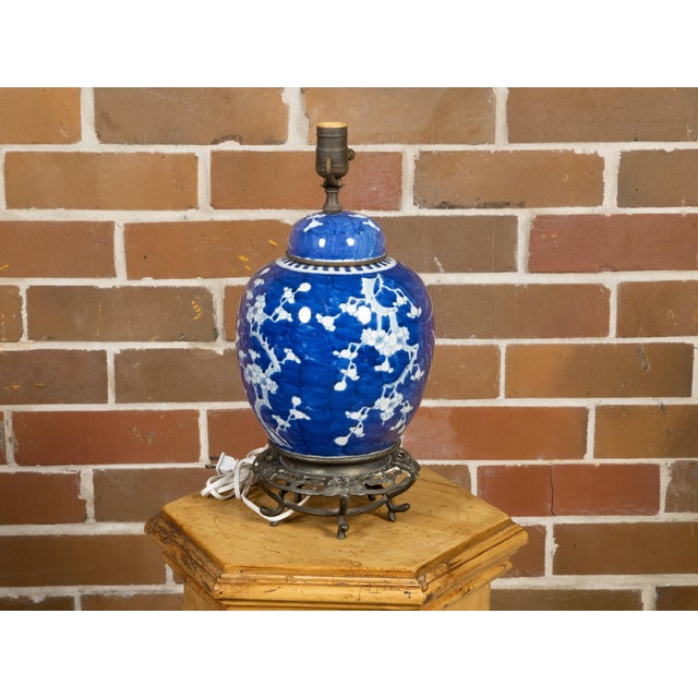 Asian Vintage Cobalt Blue Prunus Blossom Jar, Circa 1900 Made into US Wired Table Lamp For Sale - Image 3 of 8