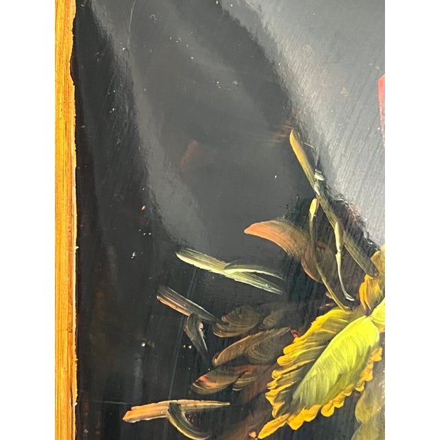 Baroque Vintage Handpainted Russian Still Life Lacquered Painting With Gilded Edges For Sale - Image 3 of 12