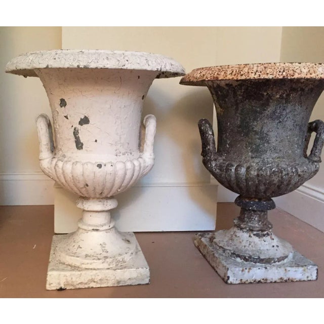 Assembled pair of antique 19th c. American cast iron campagna form garden urns. Each with integral loop handles to the...
