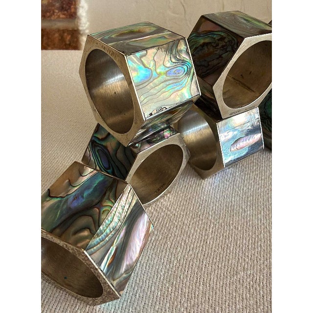 Vintage Mexican Alpaca Abalone Inlay Napkin Rings Set of 8 For Sale - Image 6 of 10