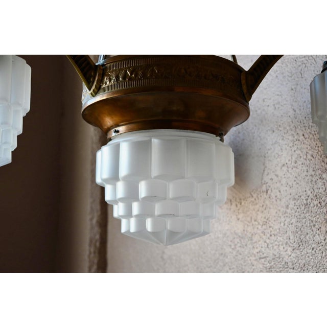 Art Deco Brass and Frosted Pressed Glass Chandelier, 1920s For Sale - Image 12 of 18