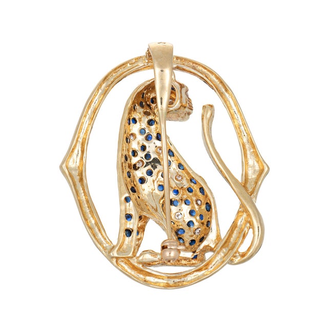 1970s Vintage Panther Pendant Diamond Sapphire 14k Yellow Gold Animal Jewelry For Sale - Image 4 of 5