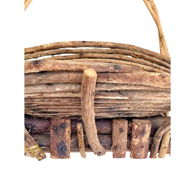 Brown Vintage French Folk Art Adirondack Style Grapevine Gathering Basket With Double Handles, Mid-Century Rustic Market Basket 24” Wide For Sale - Image 8 of 18
