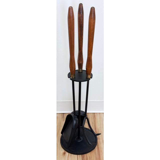 Mid-Century Modern Vintage MCM Teak and Iron Fireplace Tools and Stand For Sale - Image 3 of 9