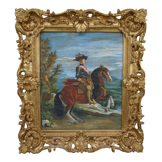 Late 20th Century Equestrian Portrait of Philip IV After Diego Velázquez Oil Painting Framed 34" For Sale