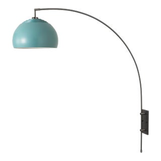 1960s 18" Black Nickel Sconce by Nova of California - Pool Blue Half Dome Shade, Mid Century Modern, Slide Dimmer For Sale