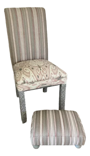 1980s Custom Multi-Pattern Upholstered Accent Chair & Small Footstool Set